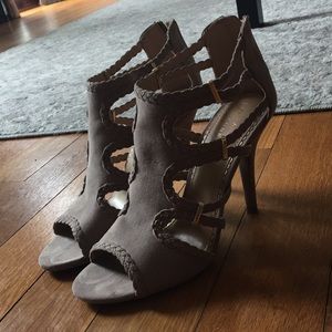 Cut out open toed high heeled suede sandals